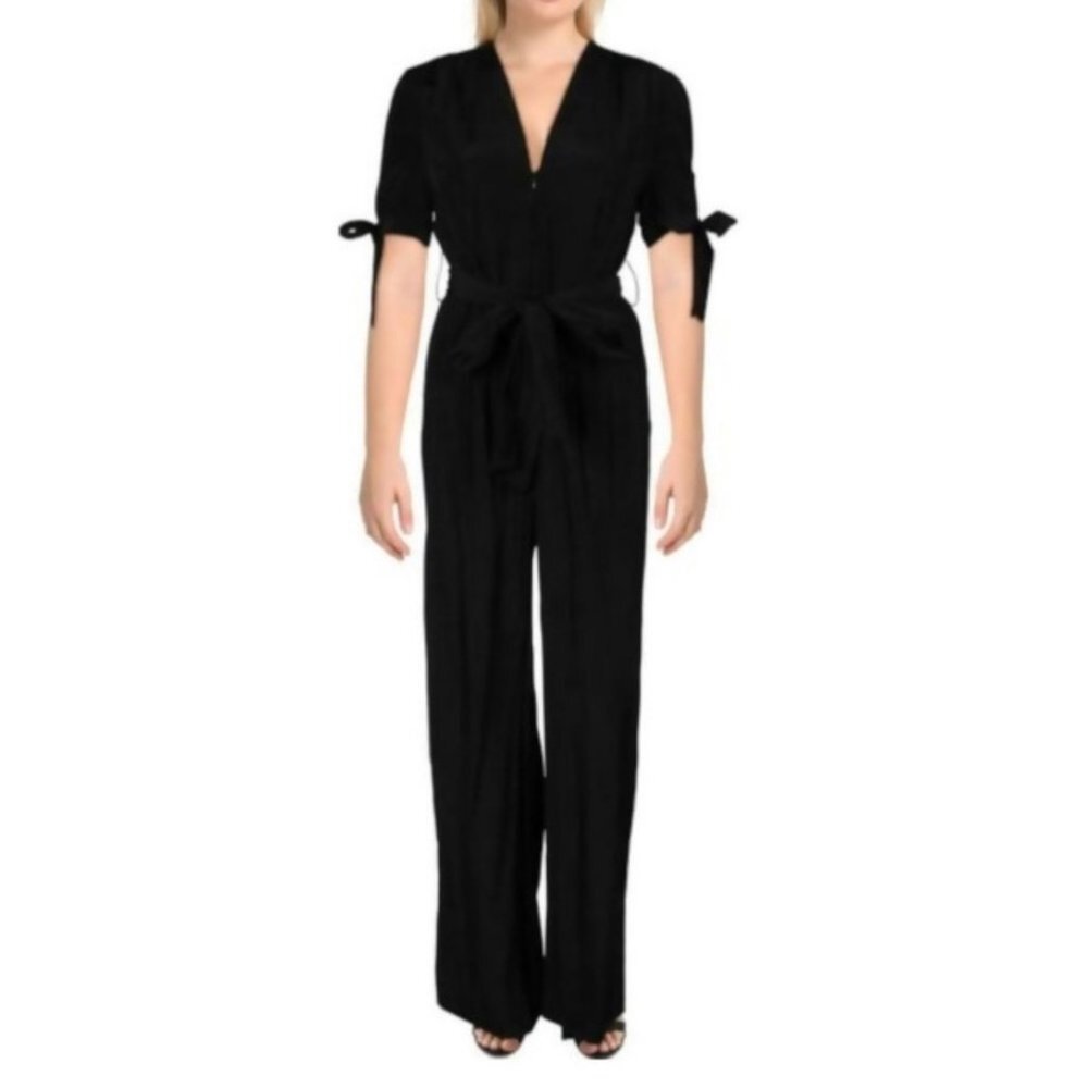 HAILEE C Black Tie Waist V Neck Short Sleeve Wide leg Jumpsuit S